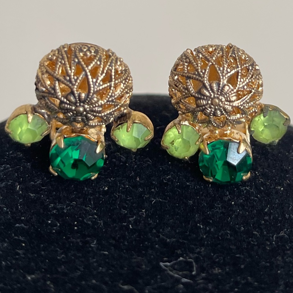 Vintage Green and Gold Clip on Earrings